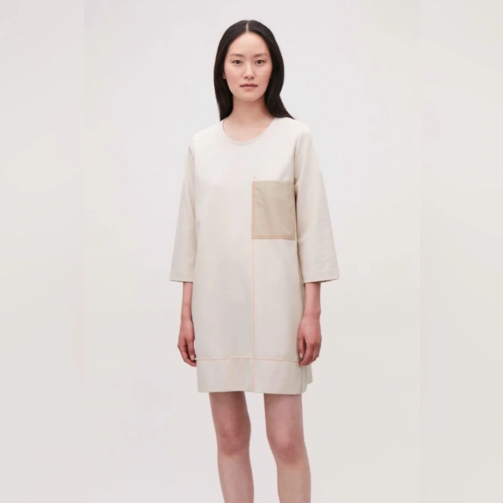 COS contrast stitch dress Light Beige with Orange Stitching Size Extra Small - Picture 1 of 16
